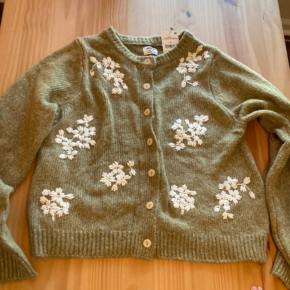 Olive Green Floral Embroidered Sweater